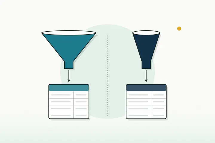 Two funnels feeding two separate blank ledgers: course revenue and client revenue are different streams (illustration)