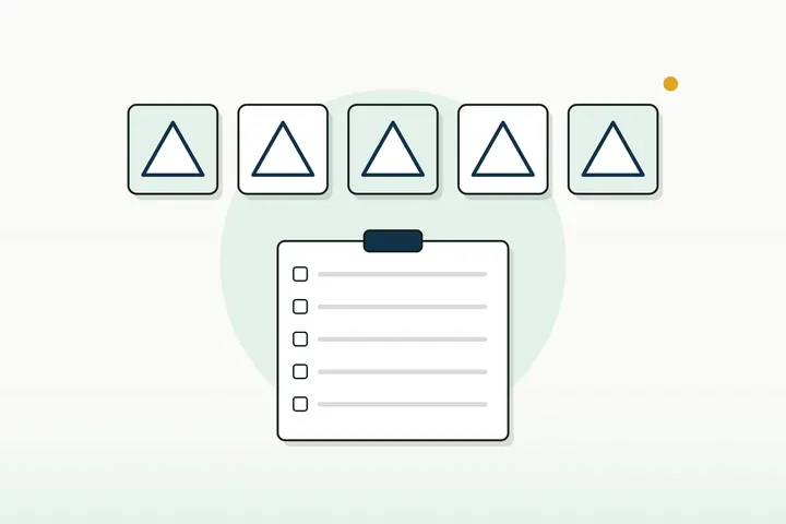 Five blank warning-triangle tiles above a clipboard checklist with every box still empty (illustration)