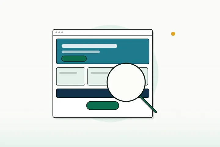 A glossy sales page of blank banners and buttons, a magnifier showing only empty paper underneath (illustration)