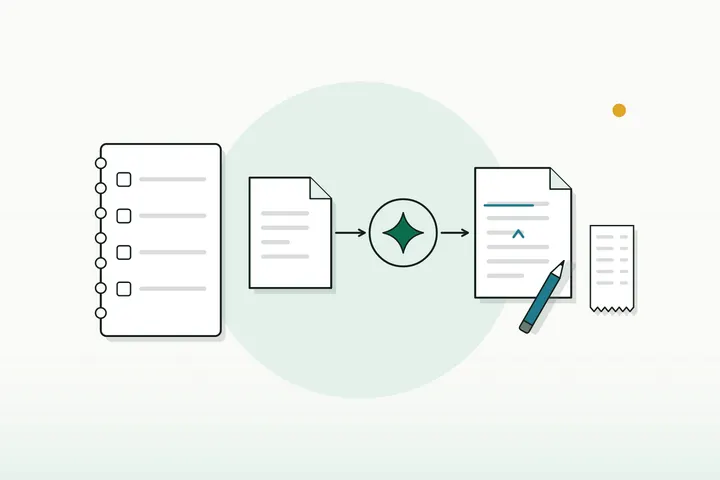 A notebook checklist of empty boxes, a document fed to an assistant, an edited output page and a cost receipt (illustration)