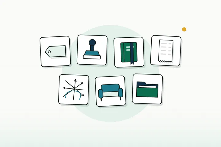 Seven tiles: a price tag, a blank rubber stamp, a rulebook, a receipt, a tangle of arrows, a sofa and a folder (illustration)