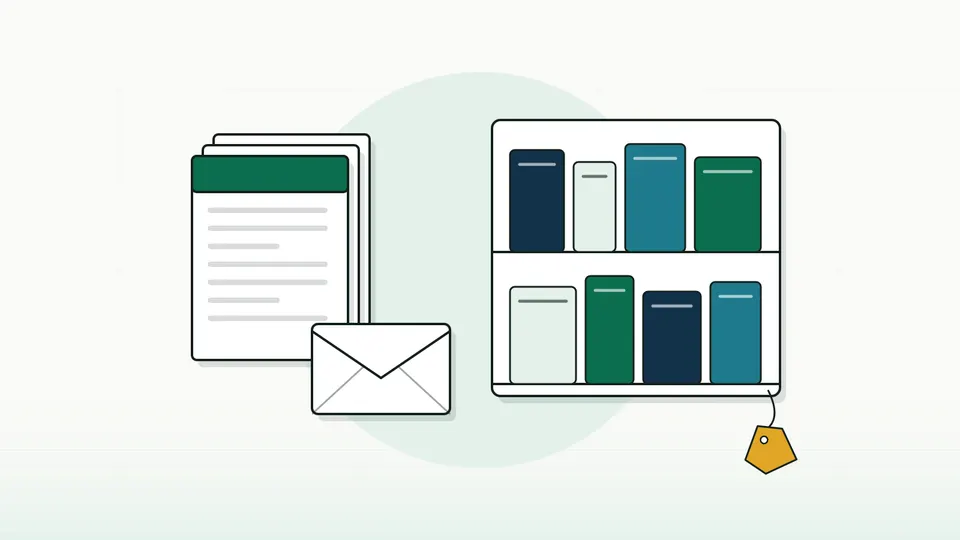 A stack of newsletter pages with an envelope beside a bookshelf panel of blank lesson tiles and a blank tag (illustration)