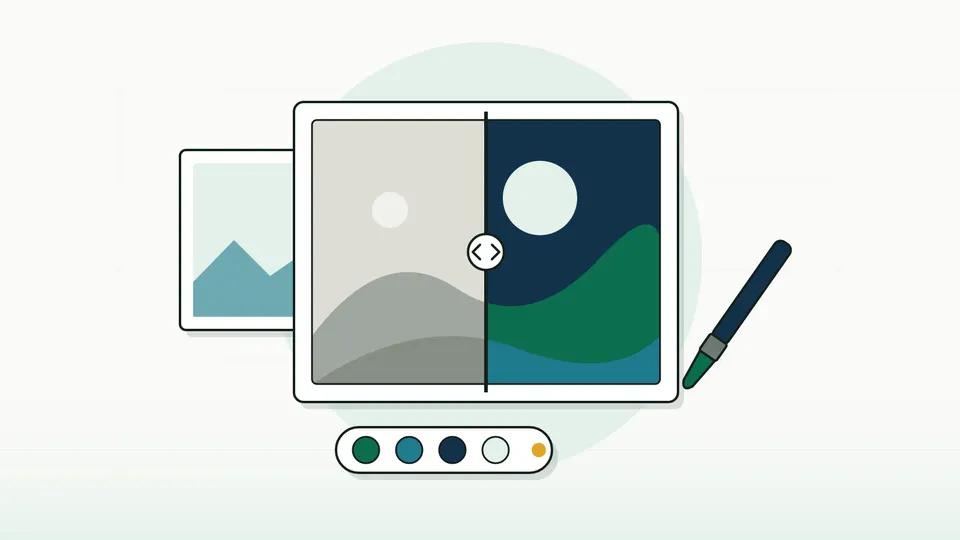 Framed photo tile of abstract hills split into before and after halves by a slider, with brush and swatches (illustration)