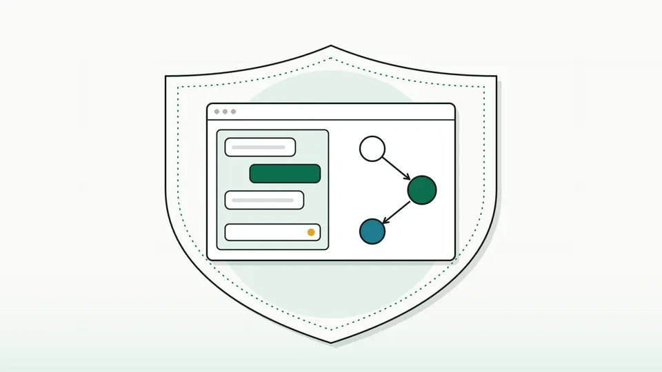 A plain shield outline framing a workspace panel with a chat window and a three-node flow (illustration)