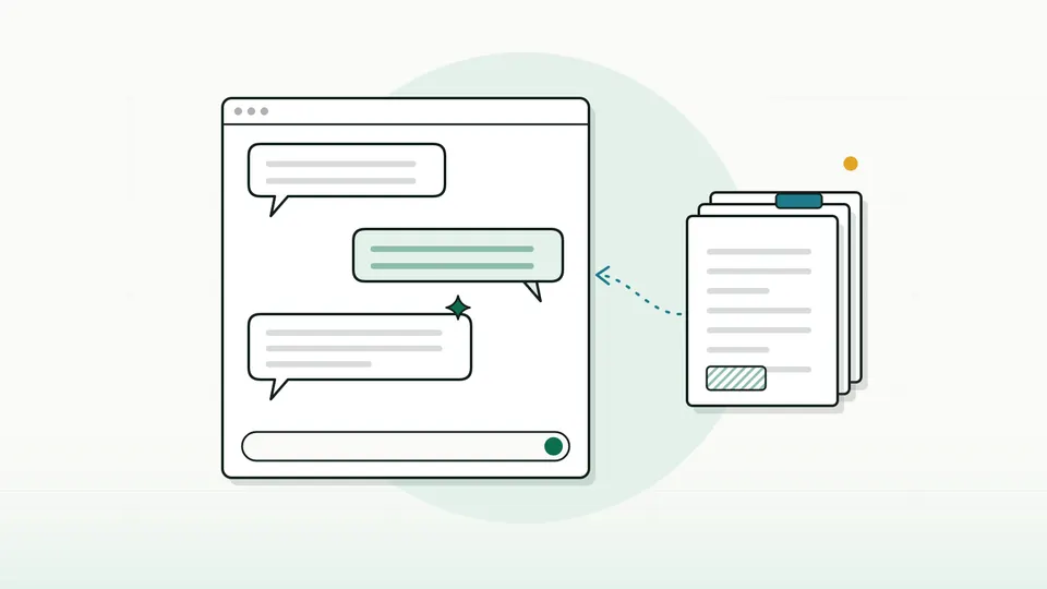 Chat window of alternating blank bubbles linked by a dotted line to a stack of documents (illustration)