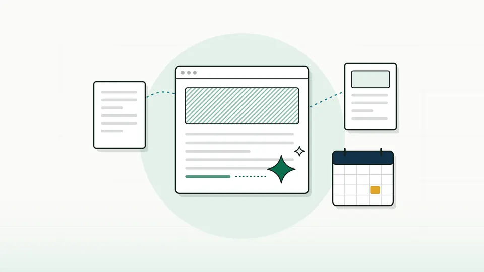 A blog page window drafted by a sparkle marker, linked pages joined by dotted lines and a blank calendar tile (illustration)