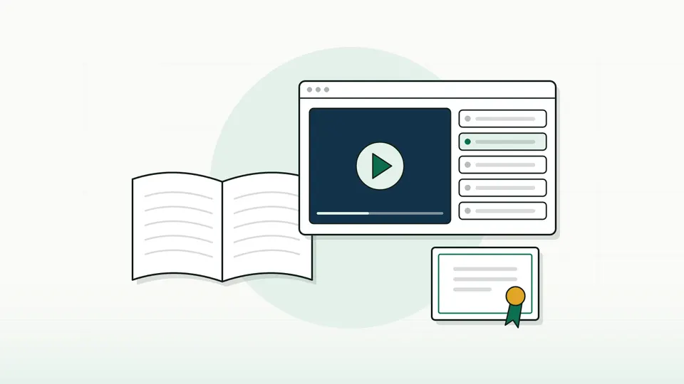 An open book beside a video lesson panel with a play button and blank rows, plus a certificate with a ribbon (illustration)