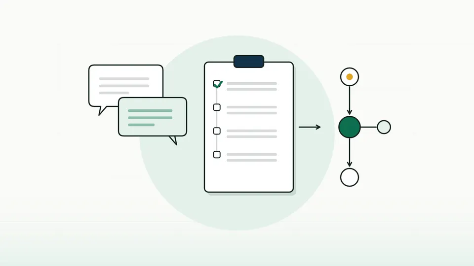 Two overlapping speech bubbles, a clipboard of milestone steps with the first ticked and a three-node flow (illustration)