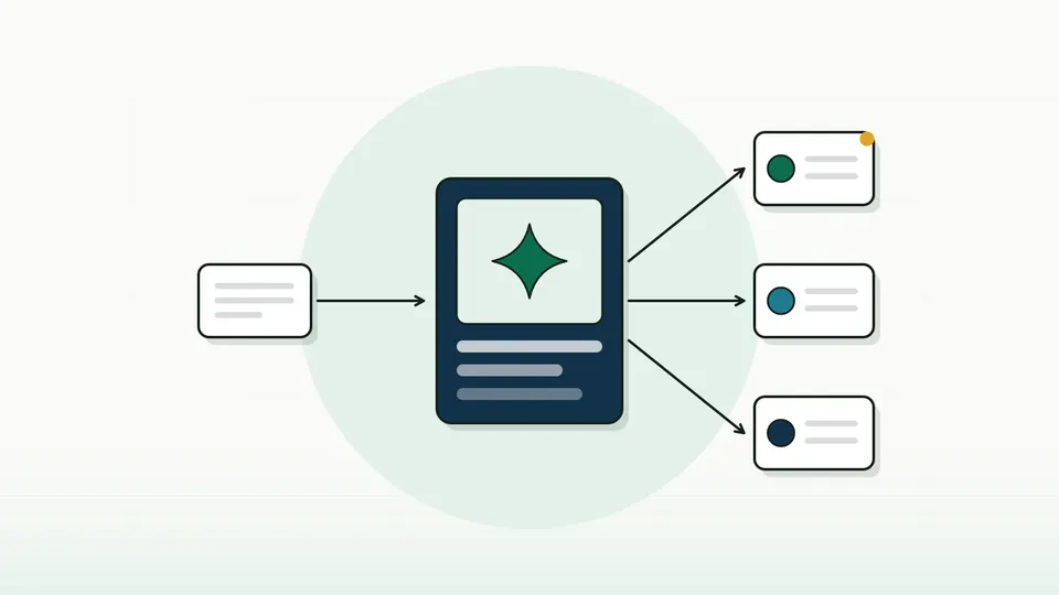 One input box routed through a central gateway block with a sparkle out to three output boxes (illustration)