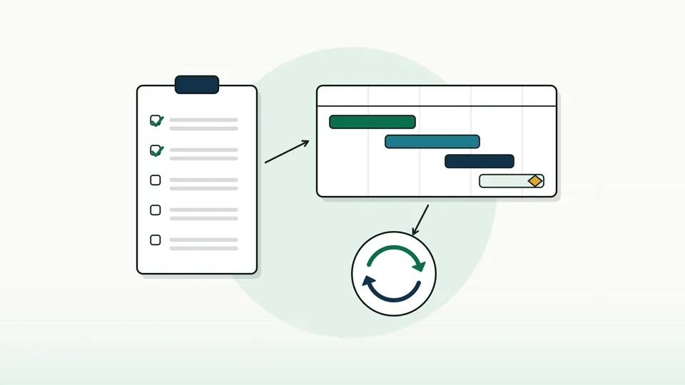 A clipboard audit checklist feeding a project timeline of staggered blocks and a circular recurring arrow (illustration)