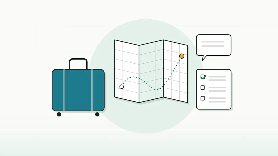 A suitcase, a folded map of blank grid cells with a dotted route, a chat bubble and a three-box checklist (illustration)