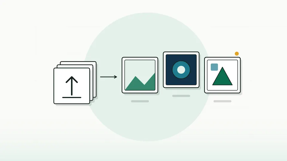 Stack of blank upload tiles with an arrow into a row of three framed canvases of geometric shapes (illustration)