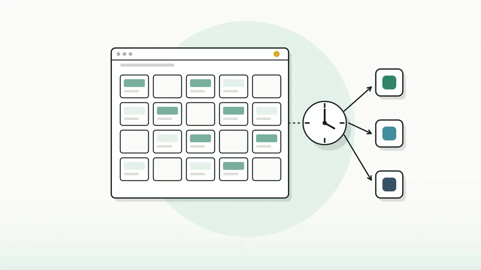 Software window with a month grid of blank post cards, a clock and three arrows to channel tiles (illustration)