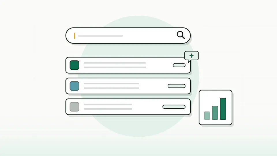 Blank search bar above three ranked result rows, one marked by a chat bubble, beside a small bar chart (illustration)
