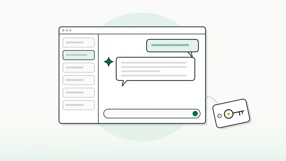 Chat app window with a sidebar of blank conversation rows, a sparkle marker and a key-shaped licence tag (illustration)