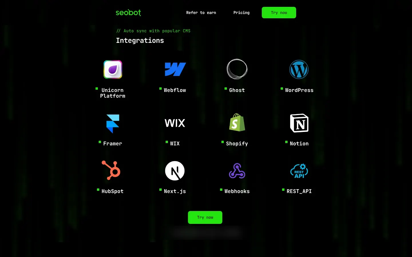 Integration list on the public seobotai.com website