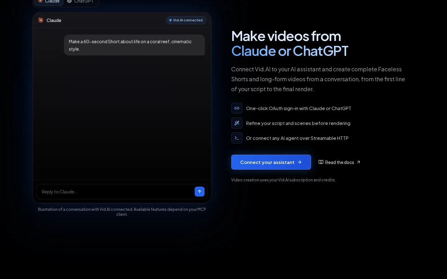 Assistant connection section on the public vid.ai website